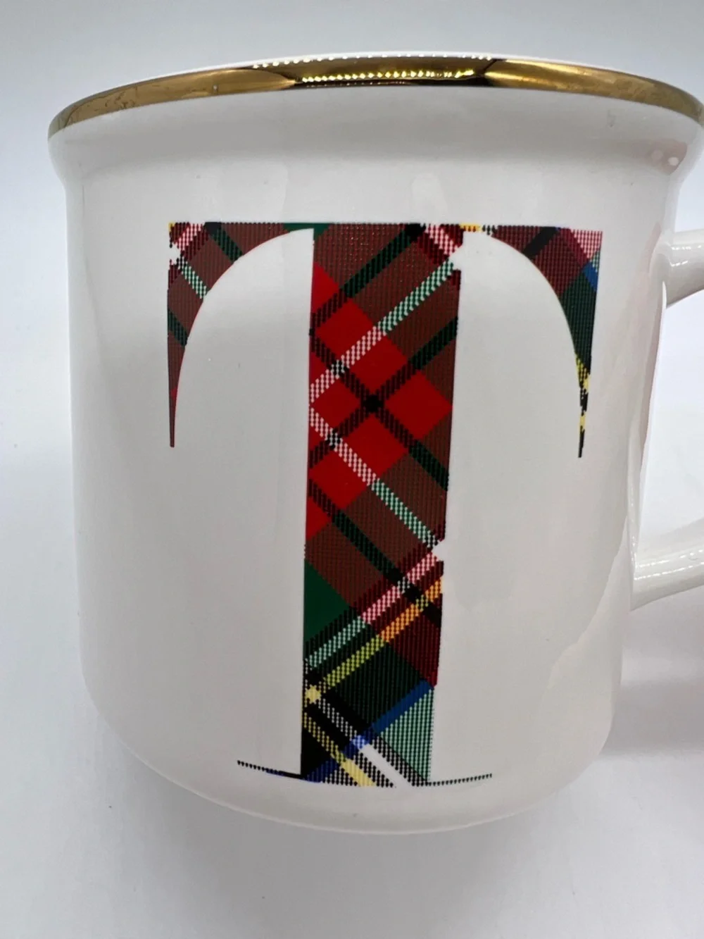 Pottery Barn White Mug with Red & Green Stewart Plaid T and Gold Rim